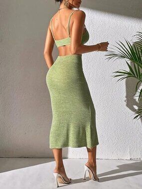 New Open Back Cut Out Cami Spaghetti Strap Backless Midi Bodycon Dress